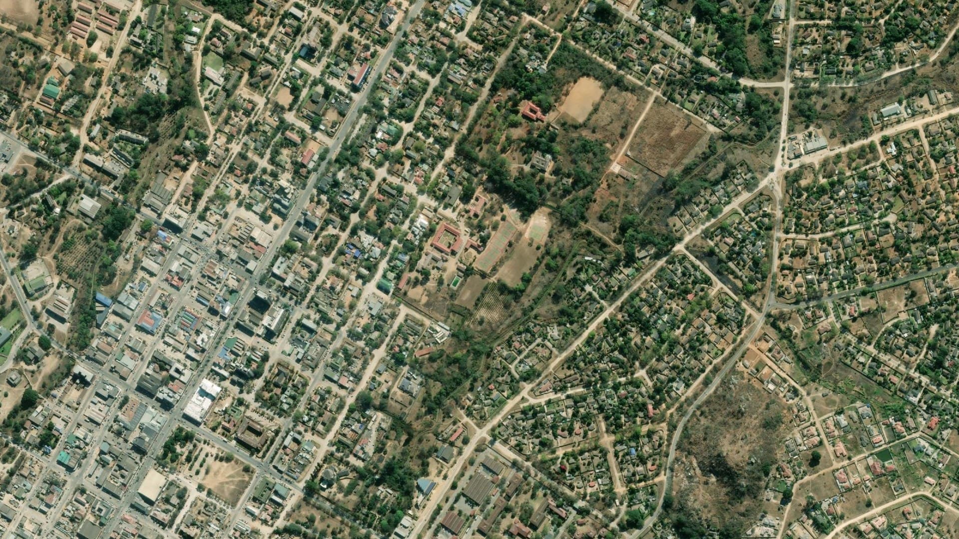 Overhead satellite view of Fourth Street and the Mutare central business district, Zimbabwe